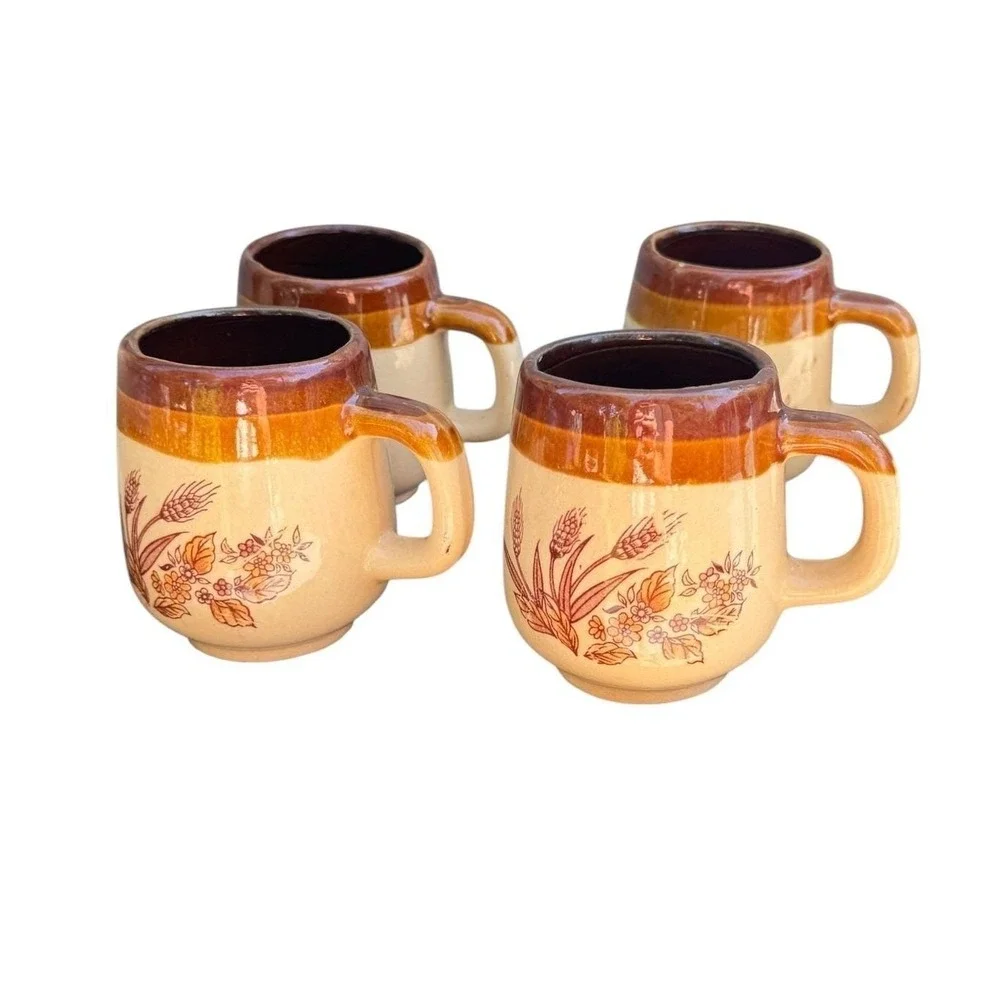 Vintage Stoneware Tea Set Wheat Pattern Teapot Creamer‎ Sugar 4 Mugs Brown Tan